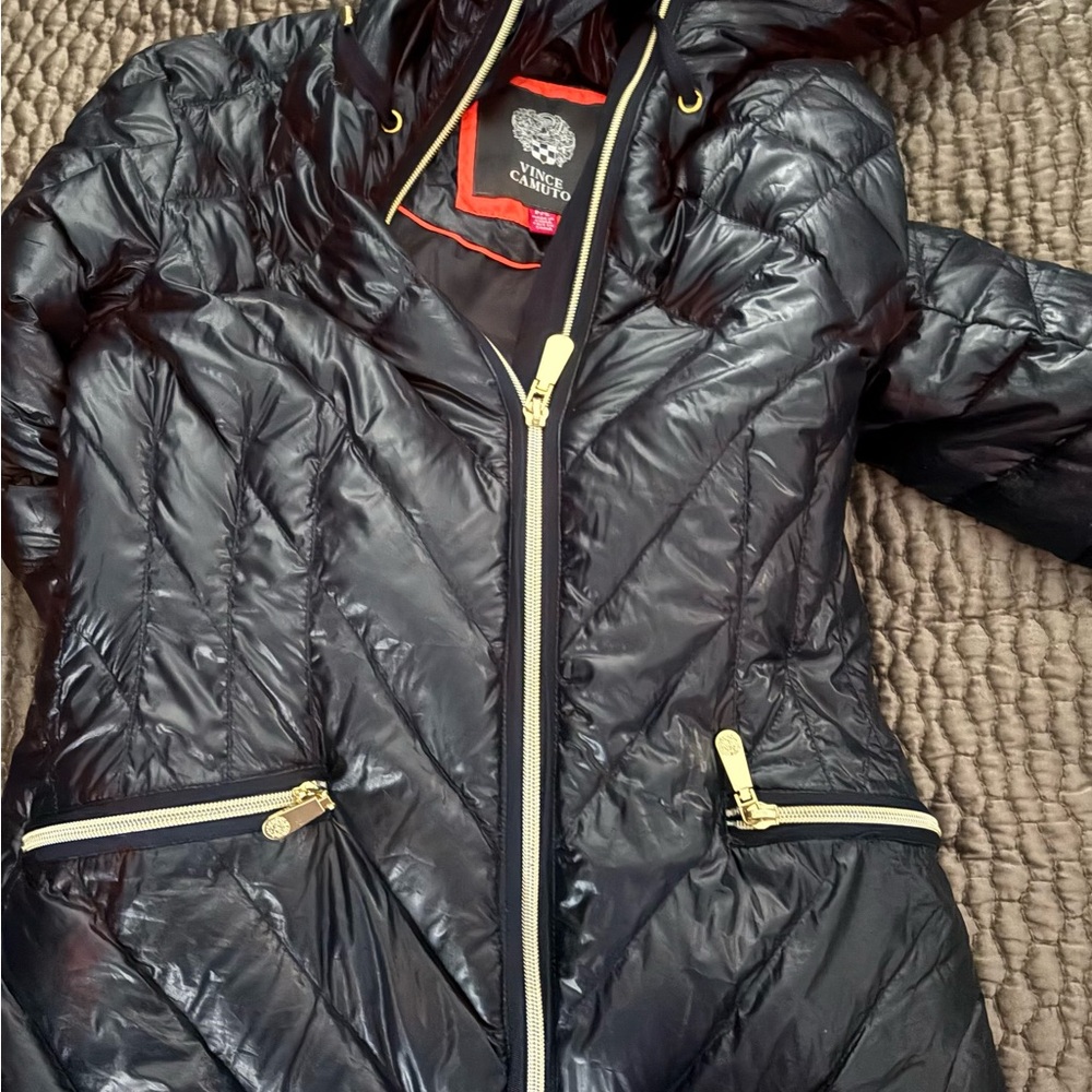 Vince Camuto Chic Black Puffer Jacket with Gold Accents